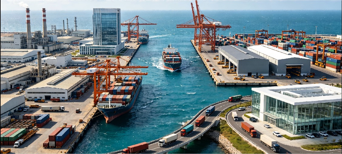 Port terminal — containers, gantry cranes, feeder vessel